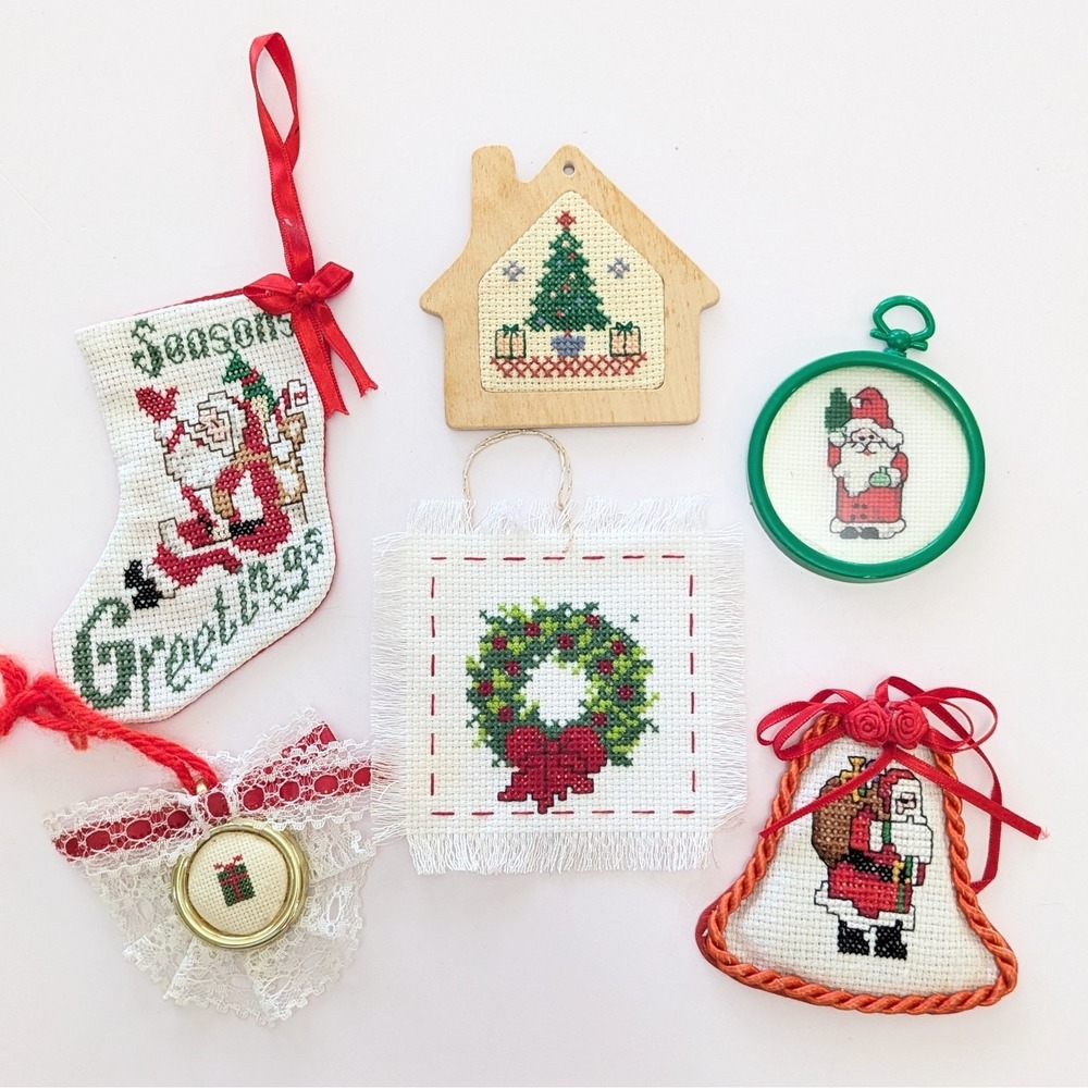 Vintage Mini Cross-Stitch Christmas Ornaments Handmade Variety Lot of 6